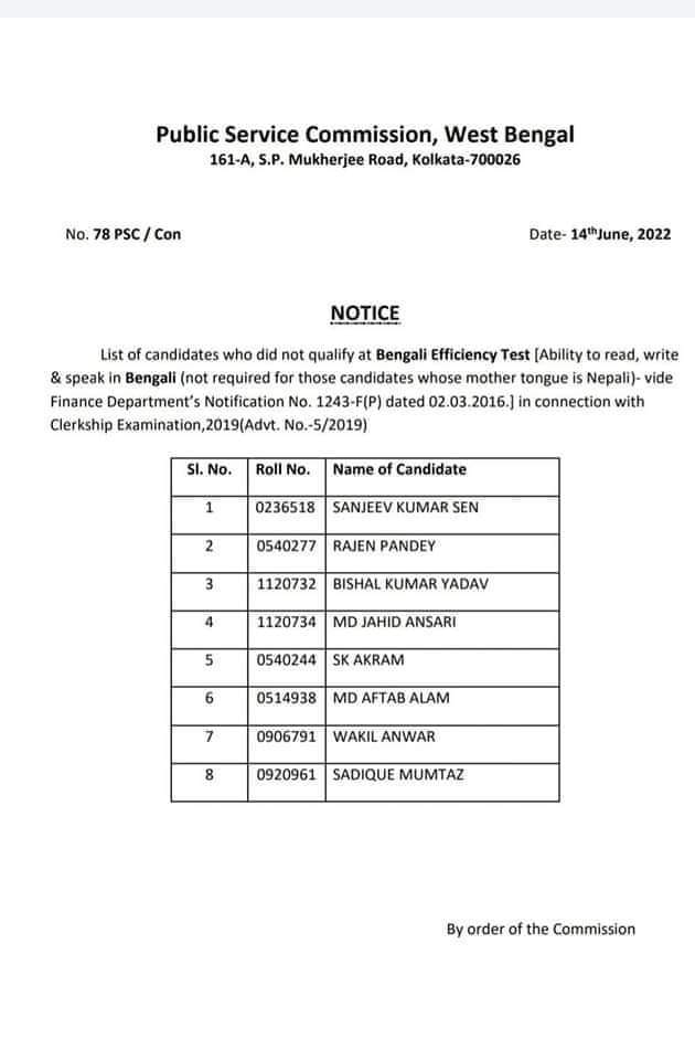 WBPSC Clerkship Typing Test Result 2022