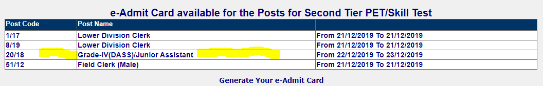DSSSB DASS Jr Asst Admit Card