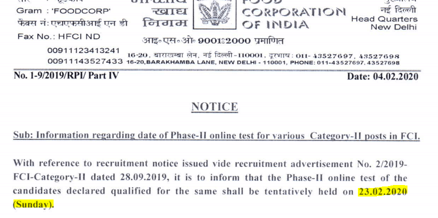 FCI Manager Phase 2 Exam Date 2020 Out: Check Notification @fci.gov.in_40.1