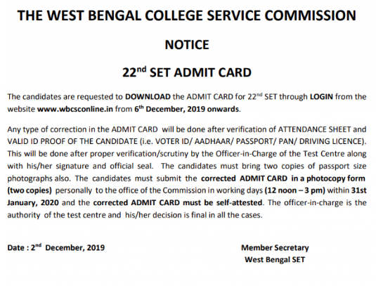 WB SET Admit Card Asst Professor