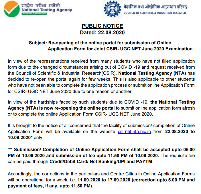 Csir net 2020 online application form re opened apply online till 10th september