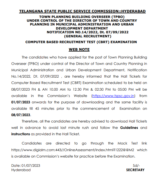 TSPSC TPBO Hall Ticket 2023 Out, Admit Card Download Link 3 TSPSC TPBO Hall Ticket 2023