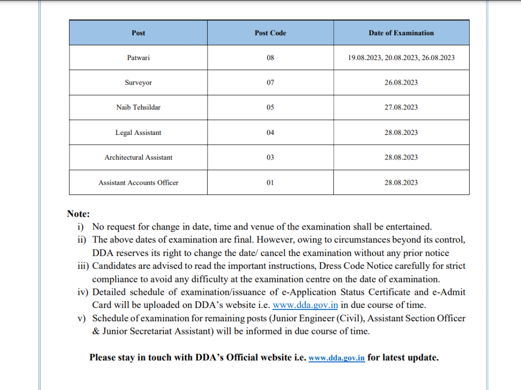 DDA Exam Date Notice 2023