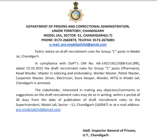 Chandigarh Jail Warder Recruitment 2023 Notification, Apply 1 Chandigarh Jail Warder Recruitment 2023- 1