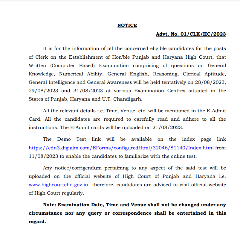 Punjab and Haryana High Court Clerk Admit Card, Exam Date 2023 1 Punjab and Haryana High Court Clerk Admit Card and Exam Date 2023