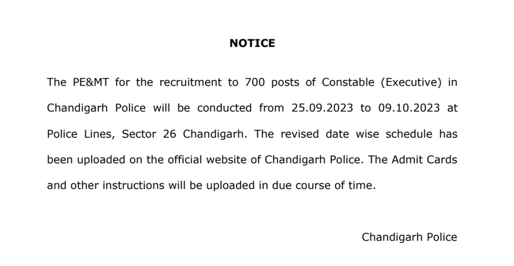 Chandigarh Police Constable PMT Dates 2023 Out 3 Chandigarh Police Constable PMT Dates Revised
