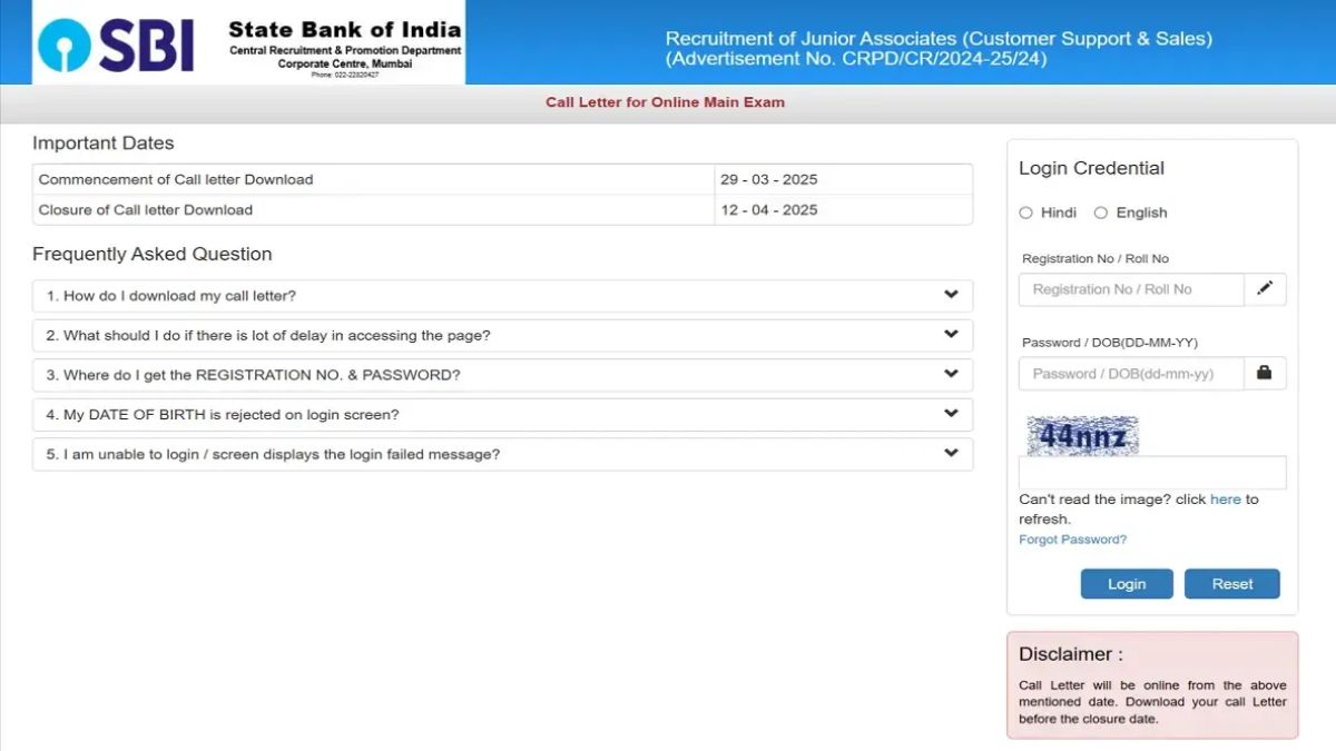 SBI Clerk Mains Admit Card 2025