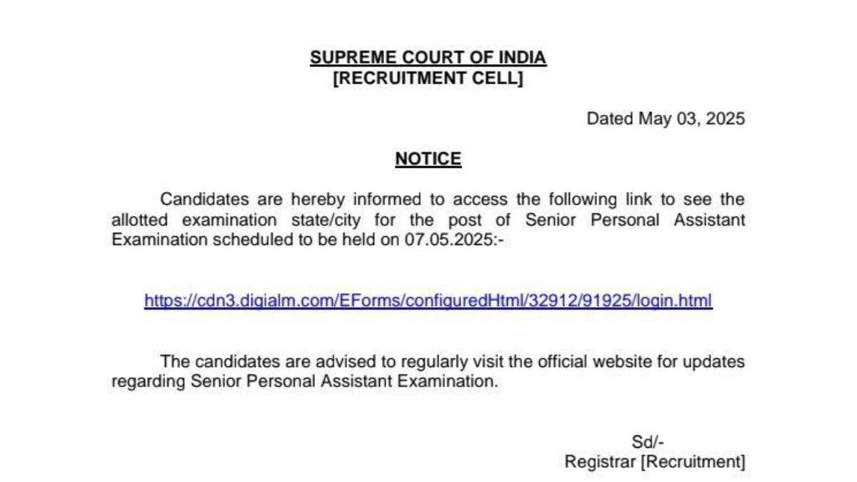 Supreme Court Senior Personal Assistant Exam Date and City 2025