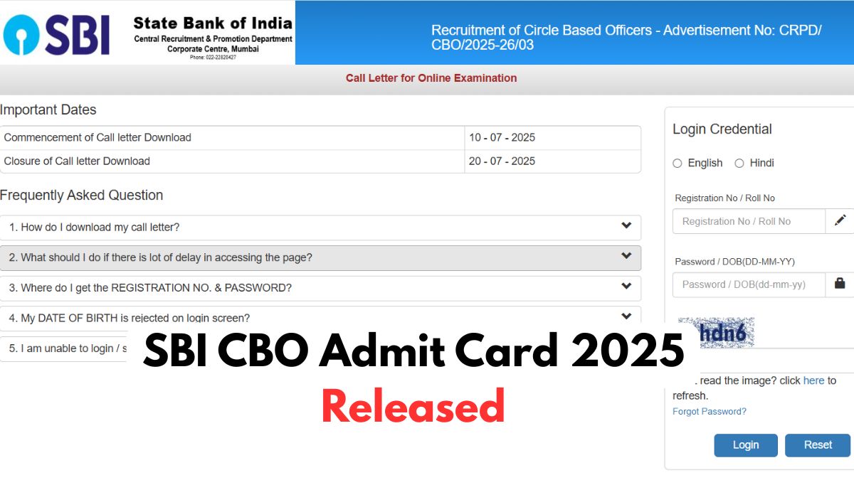 SBI CBO Admit Card 2025 Out