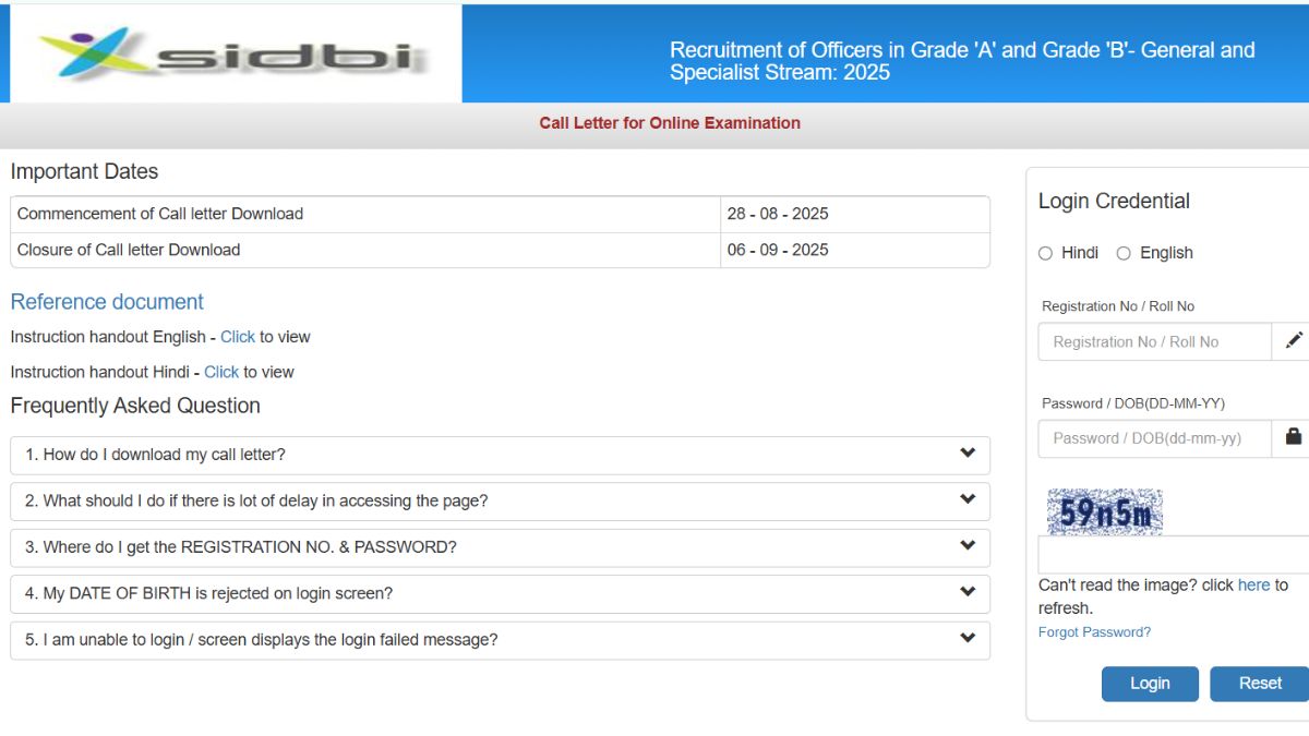 SIDBI Grade A and B Admit Card 2025