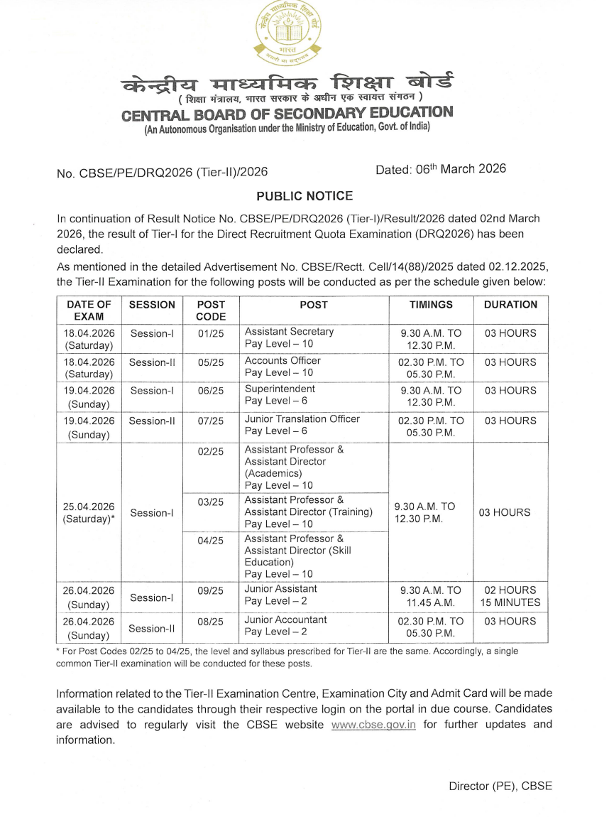 CBSE Recruitment Tier 2 Exam Date 2026 Out for Group ABC posts, Check Complete Schedule 4 CBSE Recruitment Tier 2 Exam Date 2026 Out