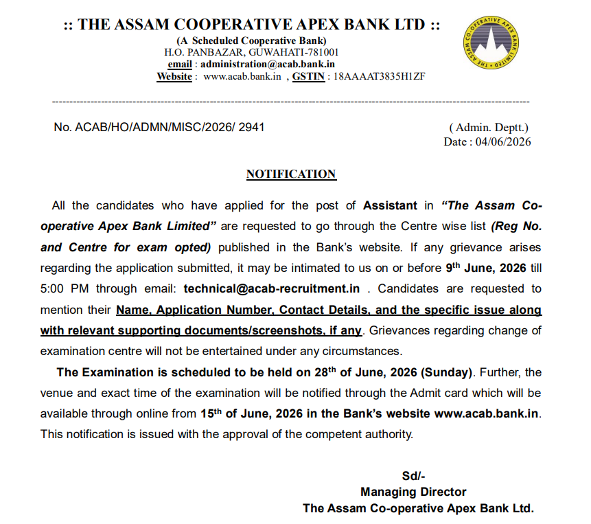 Assam Apex Bank Assistant Exam Date 2026 Out, Check Exam Centre Details 4 recruitment