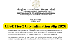 CBSE Tier 2 City Intimation Slip 2026
