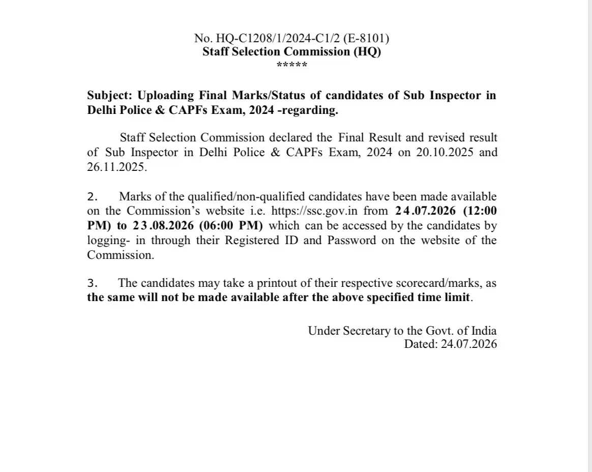SSC CPO Final Score Card 2025 Out, Download Marks PDF and Final Answer Key 4 Score Card
