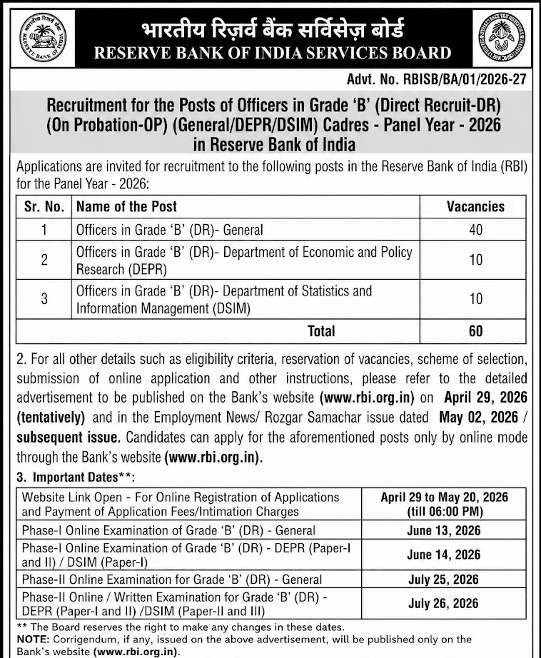 RBI Grade B 2026 Notification Out