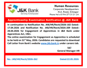 JK Bank Apprentice Exam Date 2026