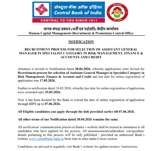 Central Bank of India AGM Recruitment 2026