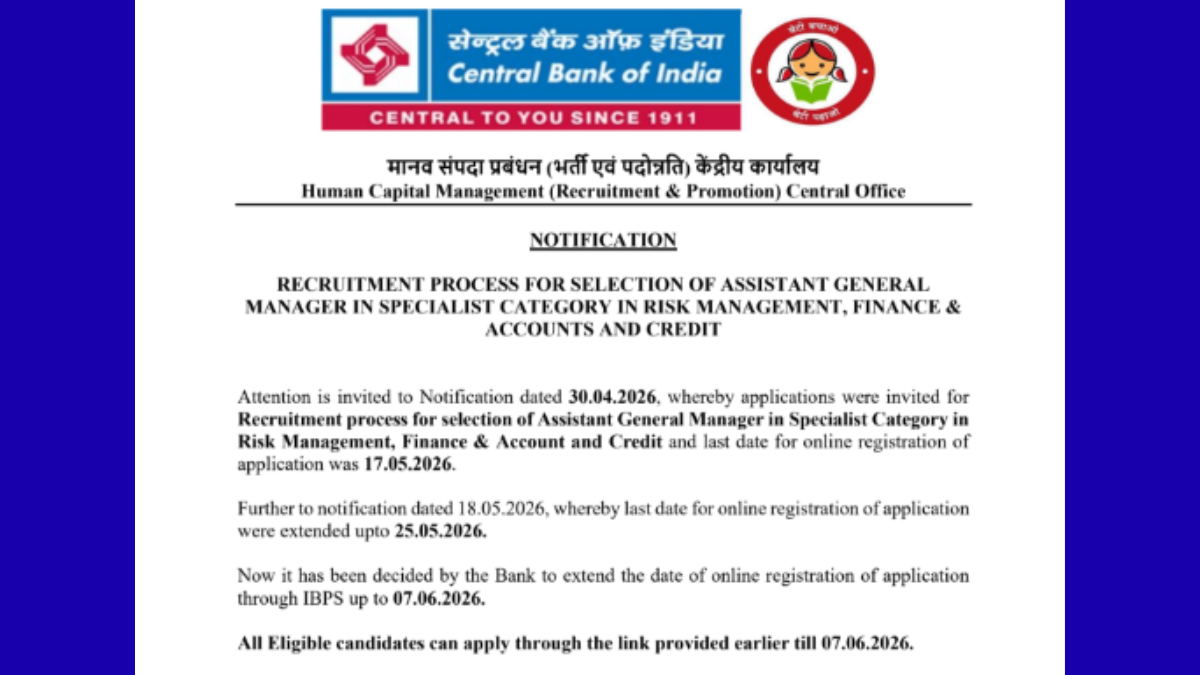Central Bank of India AGM Recruitment 2026