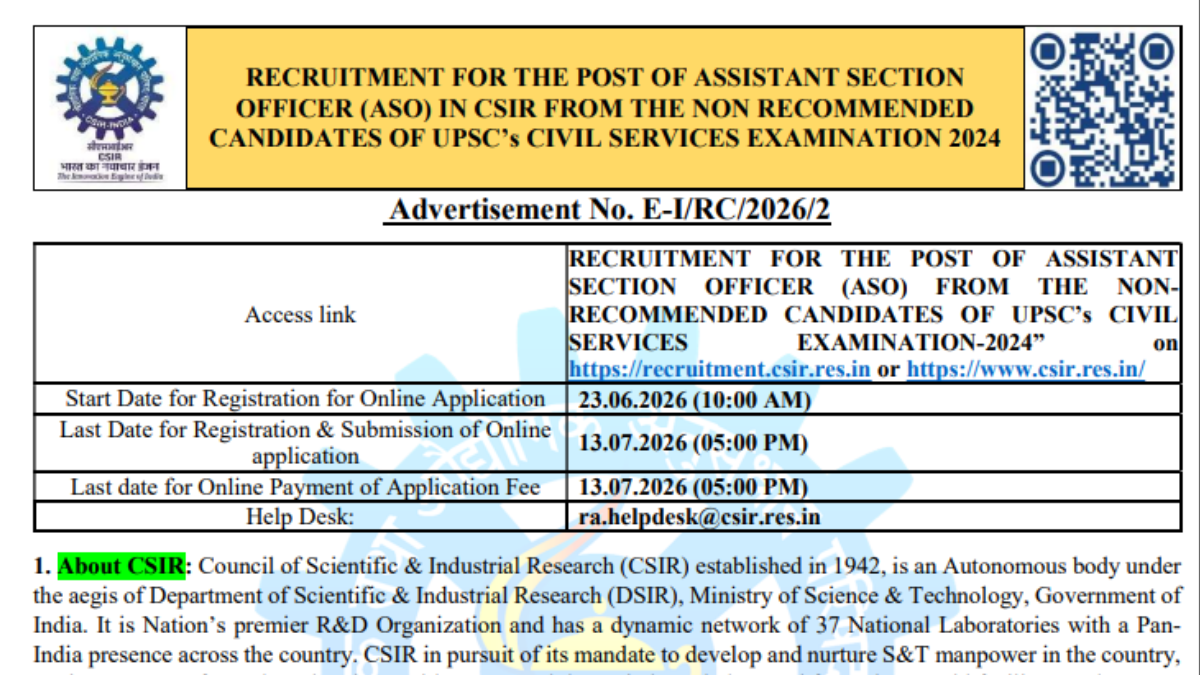 CSIR ASO Recruitment 2026