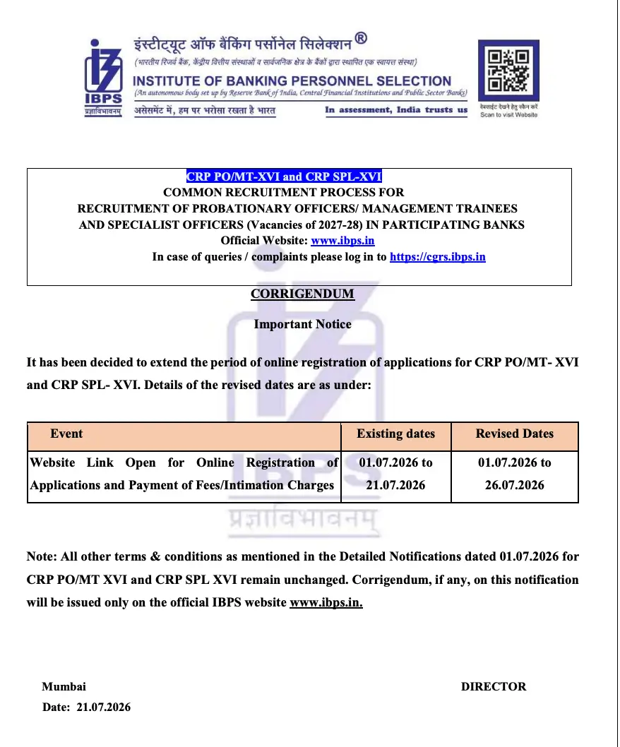 IBPS PO 2026 Registration Official Extension Notice IBPS PO Apply Online 2026 Deadline Extension Official Notice
