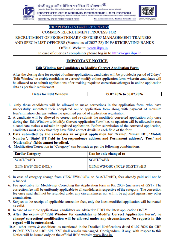 IBPS PO Application Correction Window 2026 IBPS PO Application Correction Window