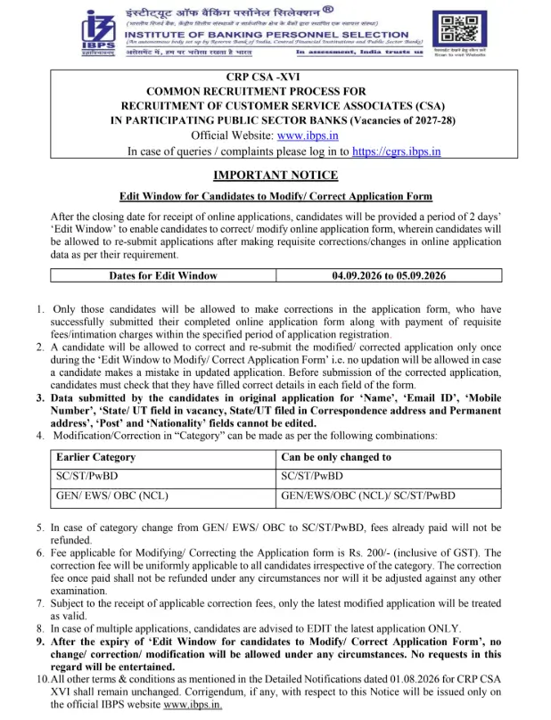 IBPS Clerk Application Correction 2026