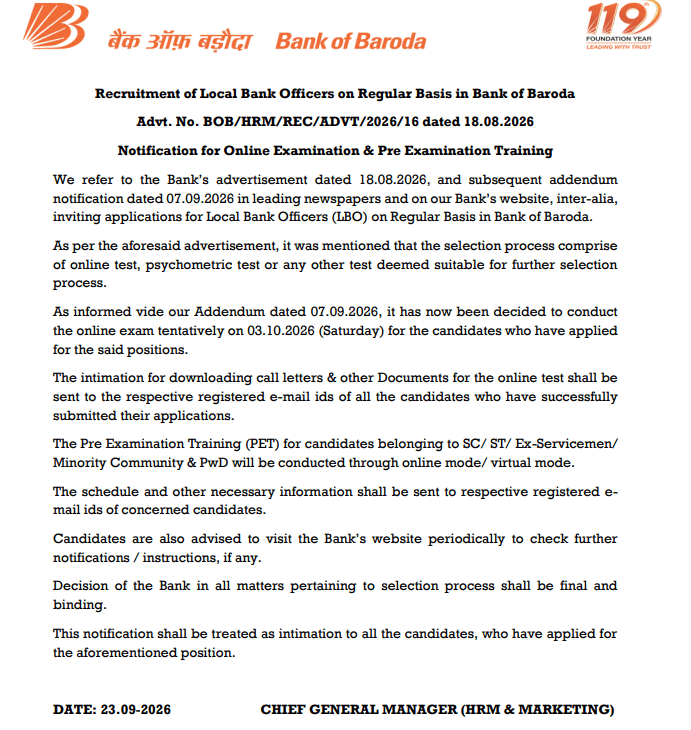 BOB LBO Exam Date 2026 Out for 2482 Vacancies, Exam Scheduled for 3 October 4 Bank