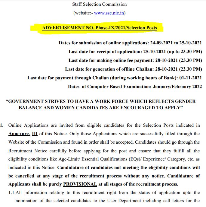 SSC Selection Post Recruitment 2021 Phase 9 Notification: Exam Dates, Eligibility, Syllabus, Application Fee_50.1