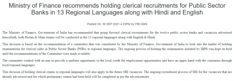 Finance Ministry Recommends Bank Clerical Exam in 13 Languages_40.1