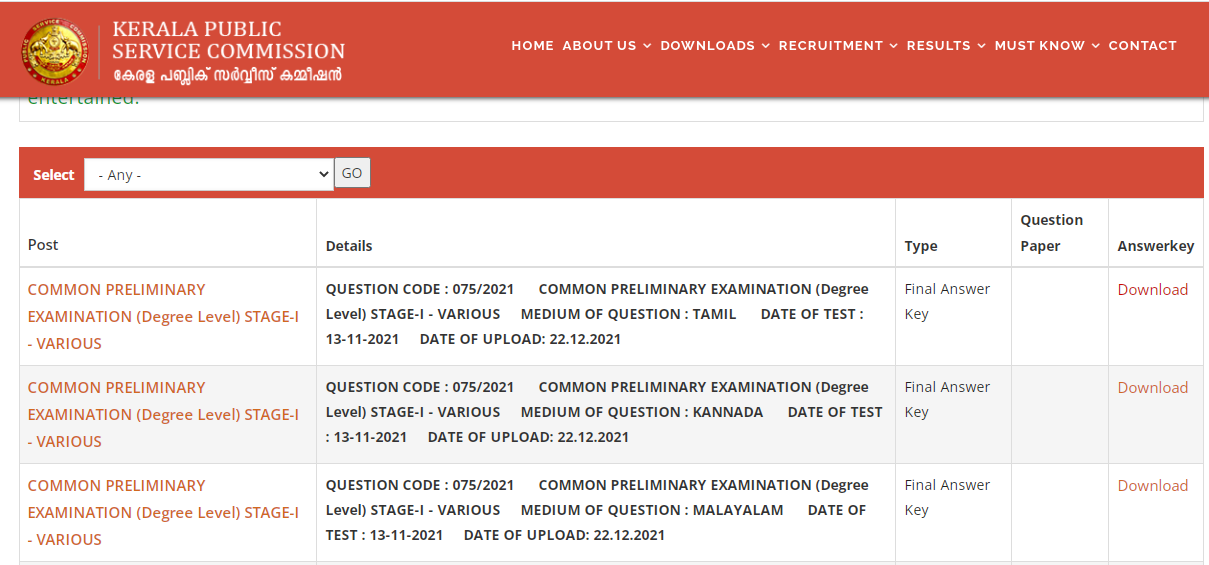 Kerala PSC Degree Level Prelims Final Answer Key 2021 [Out], 1st Stage ...