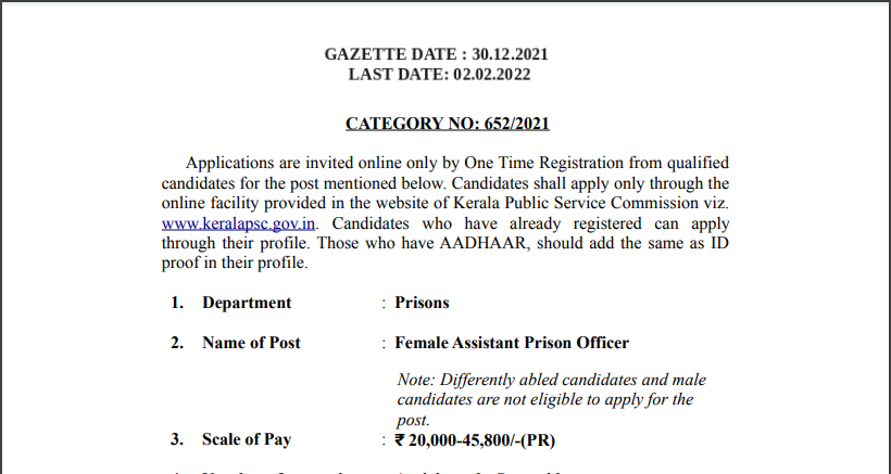 Kerala PSC Female Assistant Prison Officer Recruitment 2022_60.1
