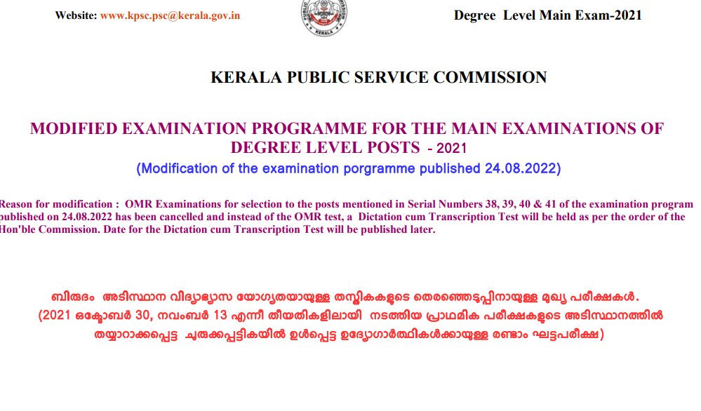 Degree Level Main Exam Date 2022