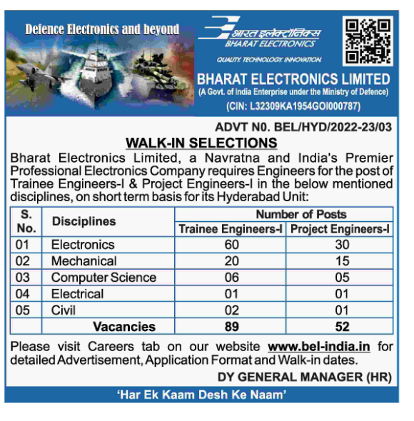 BEL Engineer Recruitment 2022