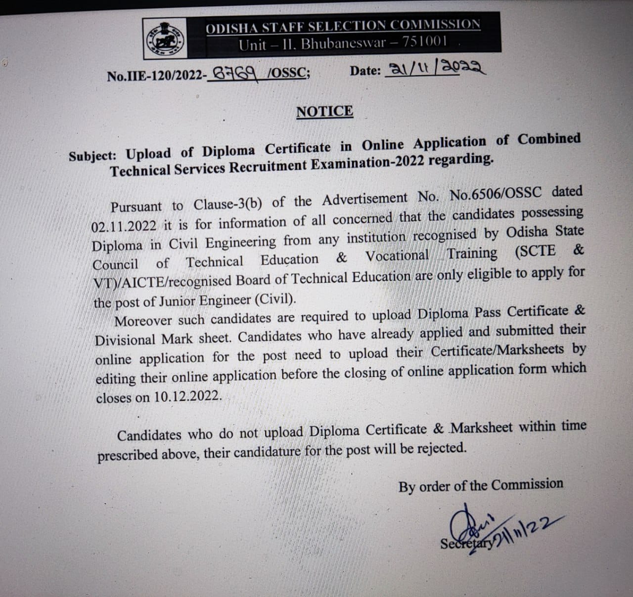 OSSC JE Educational Qualification