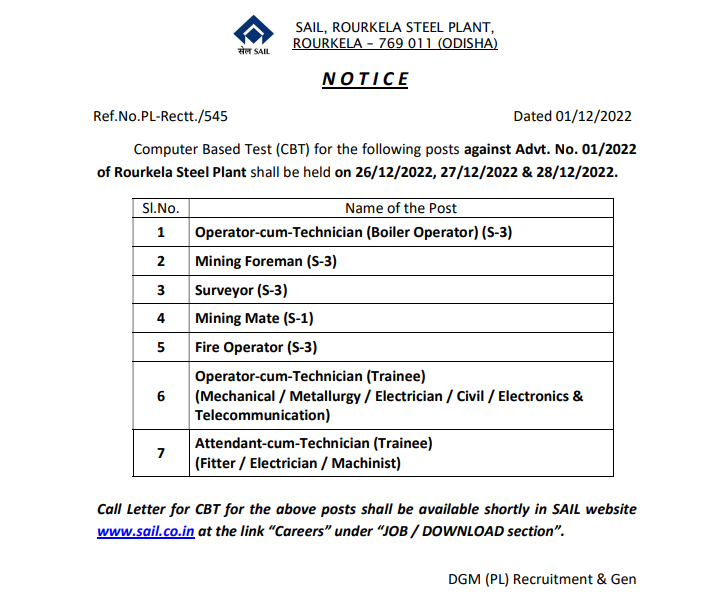 SAIL Rourkela Exam Date 2022