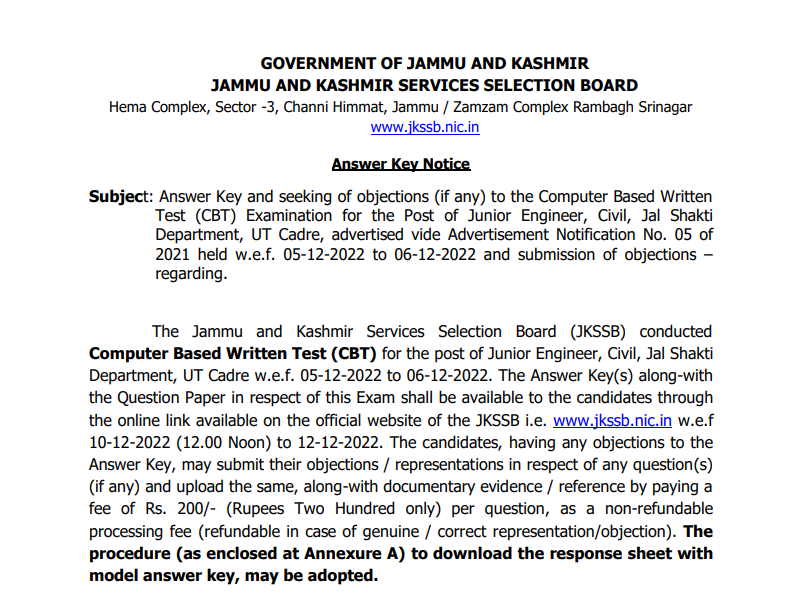 JKSSB JE Civil Answer Key 2022