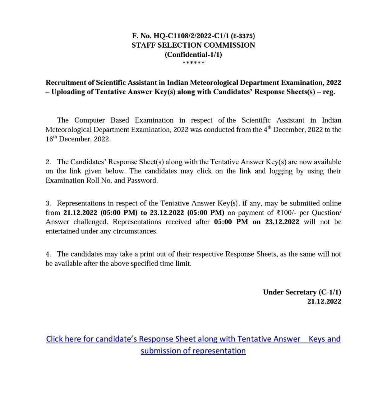 SSC IMD Scientific Assistant Answer Key 2022