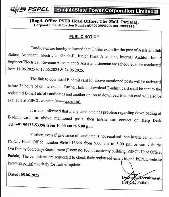 PSPCL Admit Card 2025