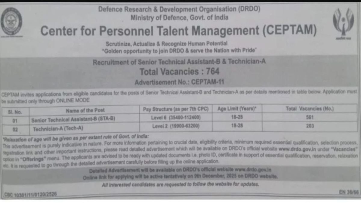DRDO CEPTAM 11 Recruitment 2025 Out for 764 STA B & Technician A Posts 5 Govt. Job Notification