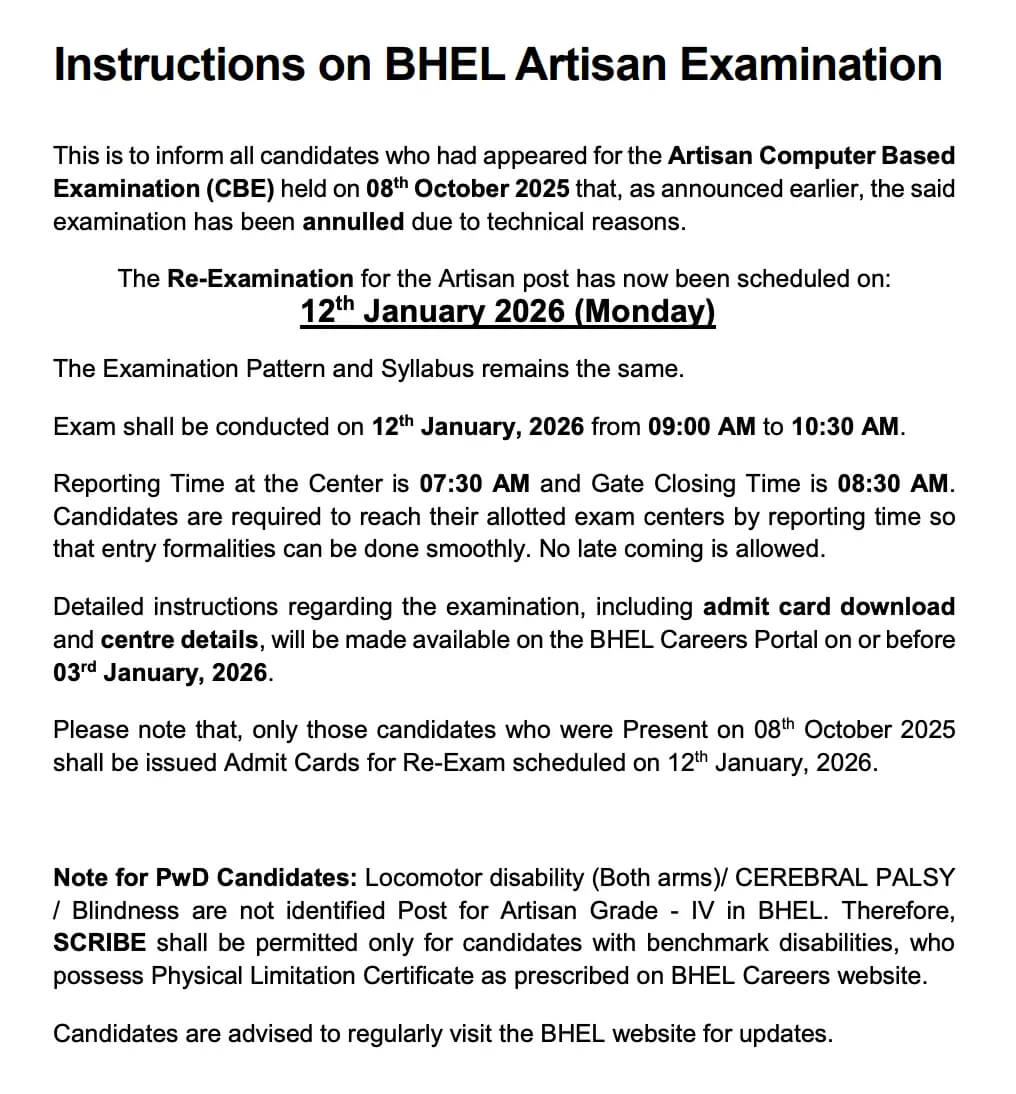 BHEL Artisan Exam Date 2025
