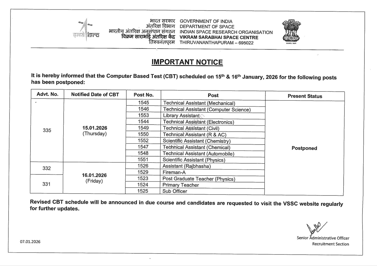 ISRO VSSC Exam Date 2026 Postponed, Check Official Notice For 147 Various Posts 5 Govt. Job Notification
