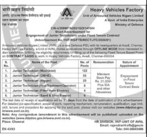 HVF Junior Technician Recruitment 2026 Short Notification, Apply Offline for 220 Posts 5 Uncategorized