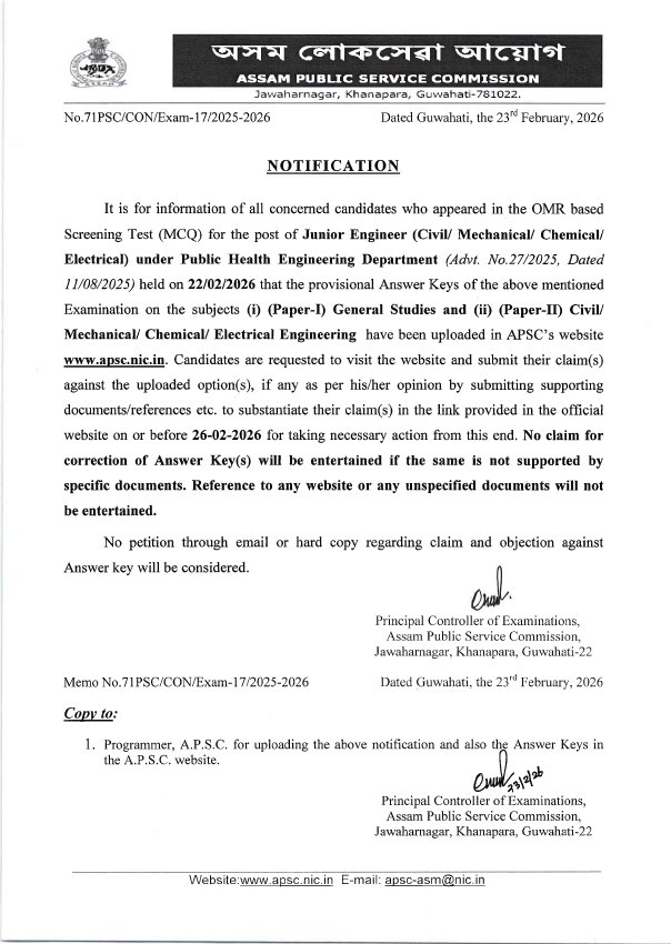 APSC JE Answer Key 2026 Out, Check Raise Objection Link Here 7 Answer Key