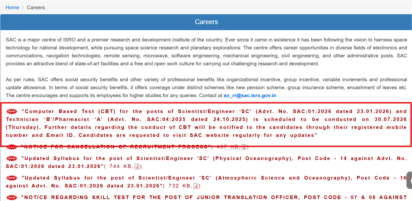 ISRO SAC Exam Date 2026 Notice