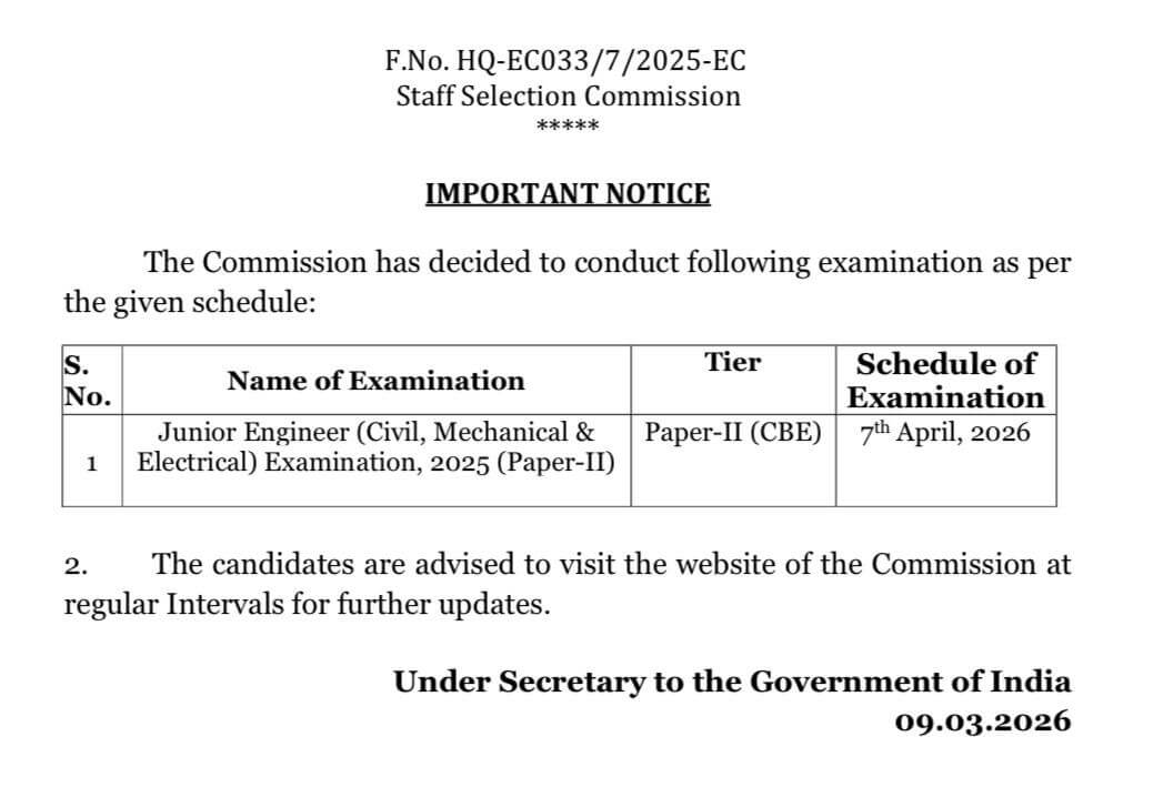 SSC JE Tier II Exam Date 2026 Out, Check CBT 2 Shifts and Schedule Here 7 Exam Date