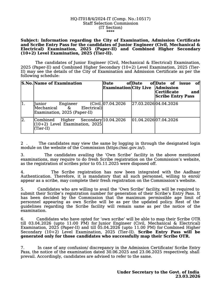 SSC JE Paper 2 Exam Date 2026 Out, Check Mains Exam Schedule and Shifts Timing 7 Exam Date