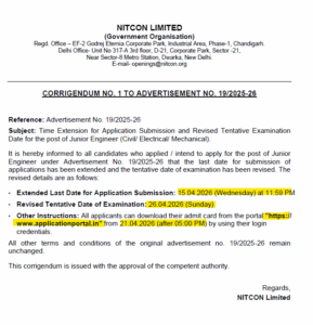 NITCON JE Recruitment 2026 Out for 100 Posts, Application Date Extended Till 15th April 16 Govt. Job Notification
