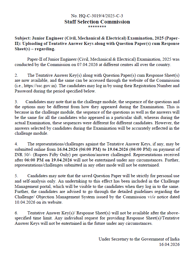 SSC JE Tier 2 Answer Key 2026 Out, Response Sheet & Raise Objection Link Here 7 Answer Key