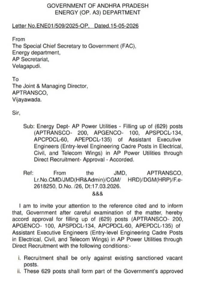 AP AEE 629 Vacancies Approved for APTRANSCO, APGENCO & Other Departments 7 Latest Posts
