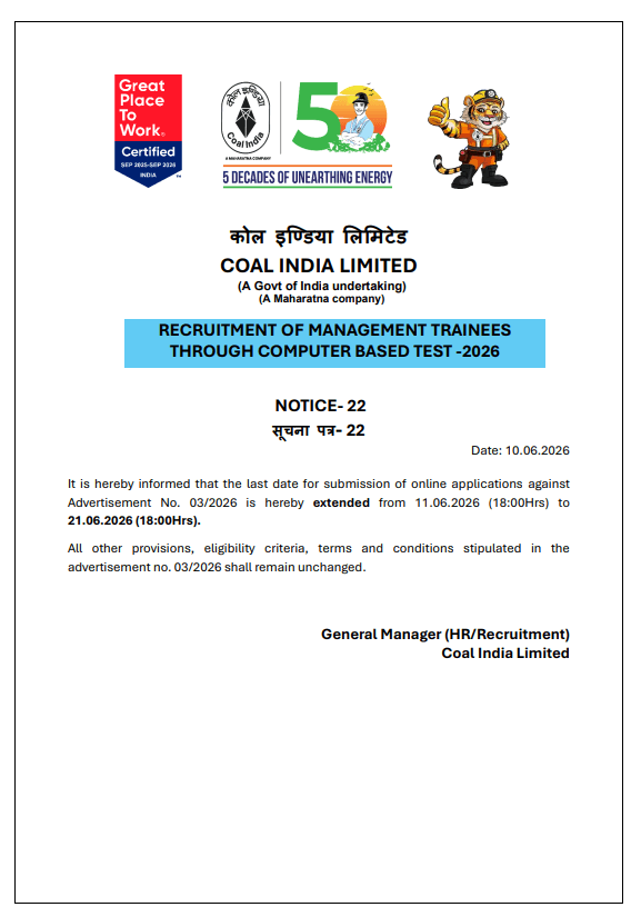 Coal India MT Apply Online 2026 Out, Last Date Extended Till 21 June 19 Apply Online